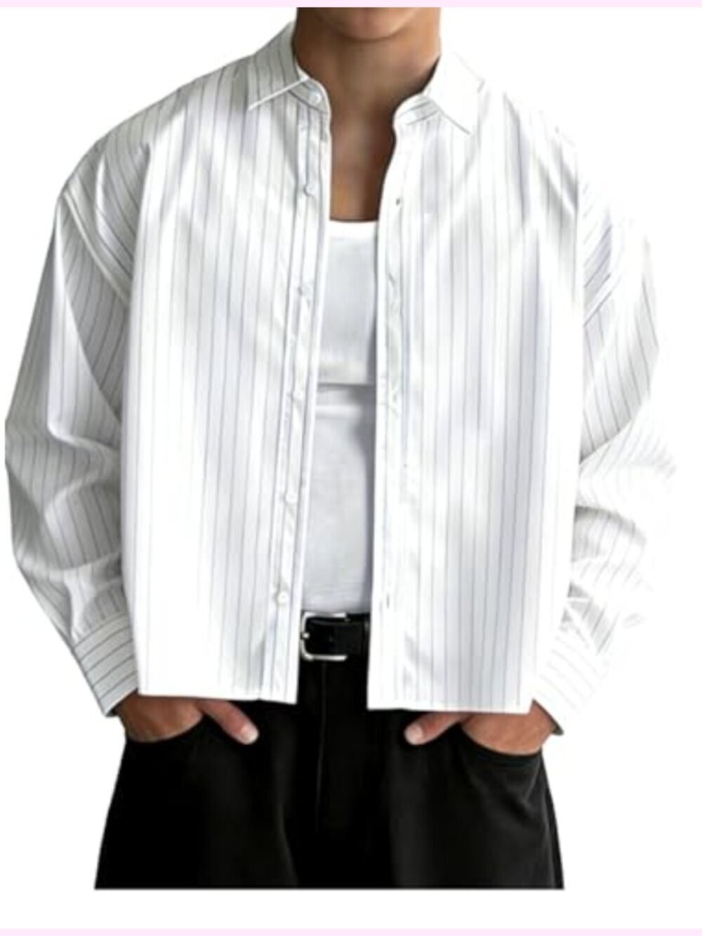 Men's Cropped Striped Button Down Shirt Long Sleeve Boxy Streetwear Casual